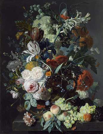 《花与果的静物》简·范·惠瑟姆`Still Life with Flowers and Fruit (c. 1715) by Jan van Huysum