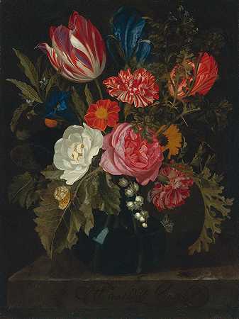玛丽亚·范·奥斯特维克（Maria van Oosterwijck）的《玻璃花瓶中的玫瑰、康乃馨、郁金香和其他花朵的静物画》`Still Life Of Roses, Carnations, A Tulip And Other Flowers In A Glass Vase by Maria van Oosterwijck