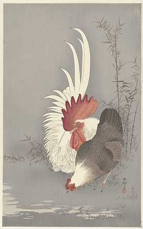公鸡和鸡`Rooster and chicken (1900 ~ 1930) by Ohara Koson