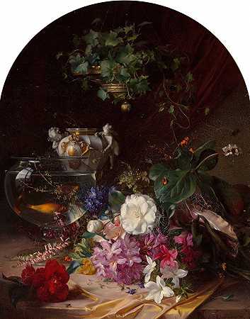 有花的静物画，一个瓷瓶，还有一个Elise Puyroche Wagner的金鱼缸`Still life with flowers, a porcelain vase, and a goldfish bowl (1849) by Elise Puyroche-Wagner