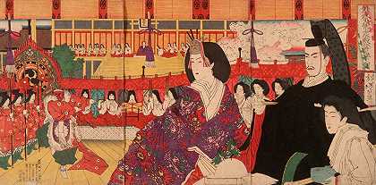 玩偶节期间在皇宫的布加库表演`A Bugaku Performance at the Imperial Palace during the Doll Festival (1878) by Tsukioka Yoshitoshi