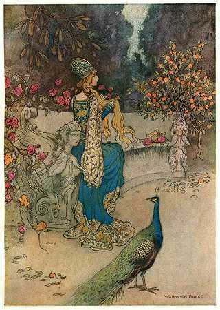 花园里的宝贝`Preziosa in the Garden (1911) by Warwick Goble