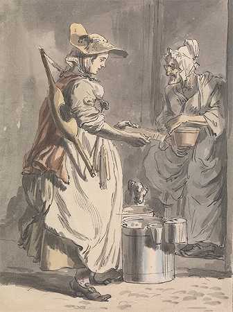 伦敦在哭泣挤奶女工`London Cries; A Milkmaid (ca. 1759) by Paul Sandby