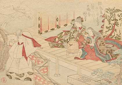 一位闲逛的朝臣向一位女士挥手，这位女士和她的年轻侍从坐在阳台上`A strolling courtier waves to a lady~in~waiting sitting on a veranda with her young attendant (1813) by Kubo Shunman