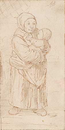 抱着孩子的站着的女人`Standing Woman Cradling a Child (About 1673) by Adriaen van Ostade