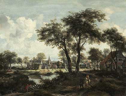 池塘附近的村庄`Village near a Pool (c. 1670) by Meindert Hobbema