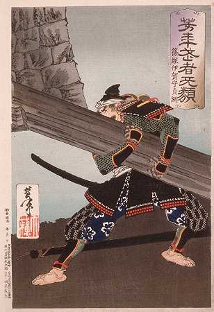 Shinozuka Iganokami Sadatsuna举起一根巨大的横梁`Shinozuka Iganokami Sadatsuna Lifting a Giant Beam (1886) by Tsukioka Yoshitoshi