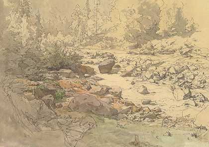 河流中的岩石景观`Landscape with Rocks in a River (19th–early 20th century) by Eduard Peithner von Lichtenfels