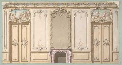 以路易十五风格装饰的沙龙立面图`Elevation of a salon decorated in Louis XV style (19th Century) by Jules-Edmond-Charles Lachaise