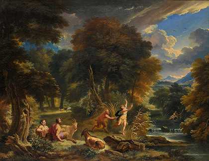 河流景观中的潘和锡林克斯`Pan And Syrinx In A River Landscape (1700) by Pieter Mulier the Elder