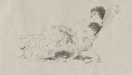 艺术家她的女儿埃莉奥诺拉躺在躺椅上`The Artists Daughter Eleonora Reclining on a Chaise~Longue (1879) by Domenico Morelli
