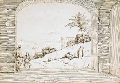 那不勒斯和维苏威火山景观`View of Naples and Mount Vesuvius (1834~1835) by Théodore Caruelle d&;Aligny