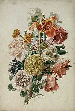 一束万寿菊和百合花`Blumenstrauß mit Tagetes und Lilie (1800~1820) by Leopold von Stoll