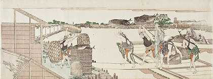 卸载鲣鱼上市`Unloading Bonito for Market (circa 1802~1804) by Katsushika Hokusai