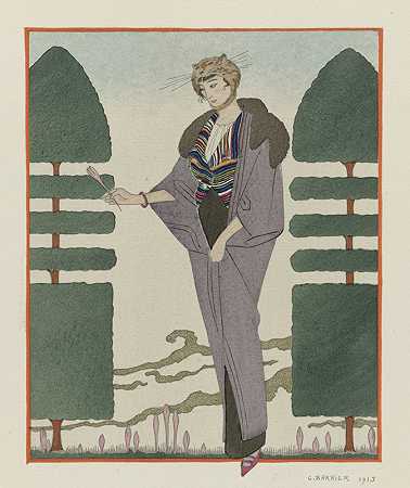 油菜Paquin旅行外套。`Les Colchiques ; Manteau de voyage de Paquin. (1914) by George Barbier