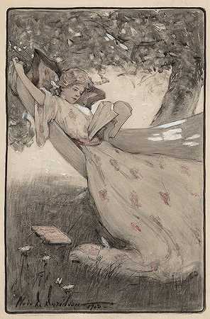 帕蒂坐在吊床上`Patty Sits in the Hammock (1908) by Clara D. (Simpson) Davidson