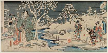 雪地花园`The Snowy Garden (1854) by Andō Hiroshige