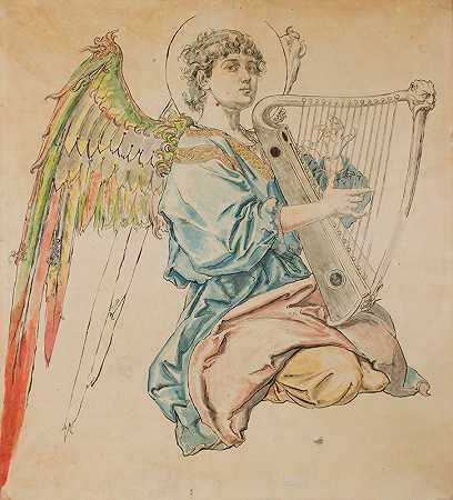 天使弹奏琵琶的身影`Figure of an Angel Playing the Lute (1888~1891) by Jan Matejko