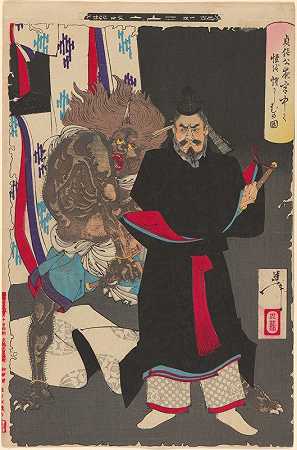 萨达诺布勋爵晚上在他的宫殿里提防一个诡异的存在`Lord Sadanobu, in His Palace at Night, on Guard against an Eerie Presence (1889) by Tsukioka Yoshitoshi