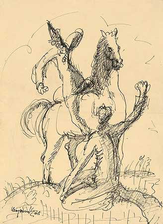 两个骑着马的小丑`Two Clowns with a Horse (1938) by Cyprián Majerník