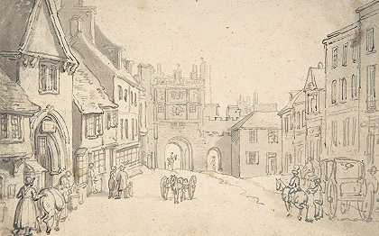 带中世纪大门的城市景观（也许是约克）`City View with Medieval Gate (perhaps York) (1775–1827) by Thomas Rowlandson