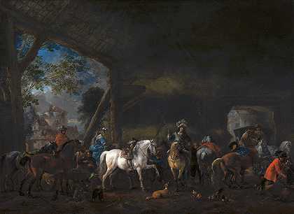 马厩的到来`The Arrival at the Stable (c. 1660 ~ 1670) by Philips Wouwerman