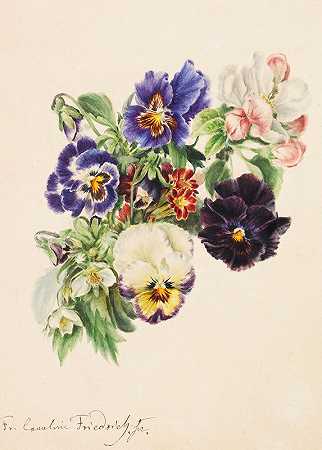三色堇、苹果花和报春花的小花束`Kleiner Strauß mit Stiefmütterchen, Apfelblüten und Primeln (Ca. 1870~1890) by Caroline Therese Friedrich