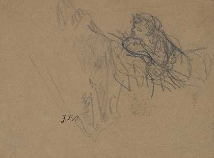 小男孩斜靠在胳膊肘上，仰慕牧羊女`Young Boy Reclining on Elbows, Admiring a Shepherdess (ca. 1845–46) by Jean-François Millet