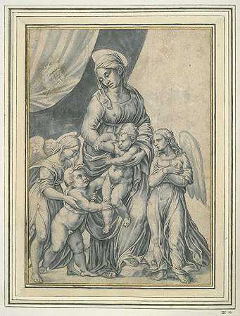 圣母和孩子，婴儿圣约翰，施洗者和两位天使`The Virgin and Child with the Infant St. John the Baptist and Two Angels (ca. 1516) by After Agostino Musi