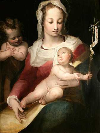 麦当娜带着孩子和年幼的圣约翰`Madonna with Child and Young Saint John (ca. 1570 ~ ca. 1590) by Alessandro Casolani