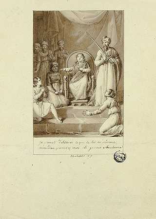 拉辛的《阿萨利》中的一幕`Scene from Racine’s Athalie (1817) by Charles Abraham Chasselat