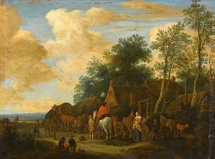 停在路边的旅店`Halting at a roadside Inn (1657) by Pieter de Molijn