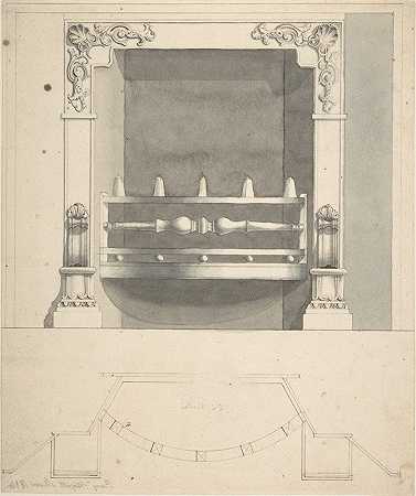 奥莫鲁铸铁滚刀炉排的设计`Design for a Cast~iron Hob Grate in Ormolu (1814) by Benjamin Dean Wyatt