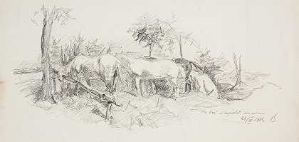 三匹牧马的素描`Szkic trzech pasących się koni (1914) by Ivan Ivanec