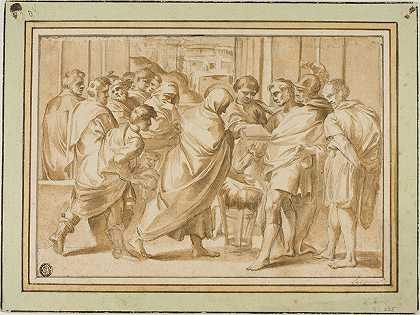 来自罗马历史的场景，带着向统治者展示书籍的悬垂人物`Scene from Roman History, with Draped Figure Presenting Book to Ruler by After Eustache Le Sueur