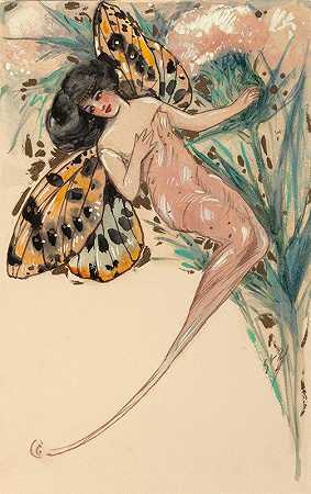 蝴蝶翅膀仙女（感性）`Fairy with Butterfly Wings (Sensibility) (circa 1907) by Samuel Loren Schmucker