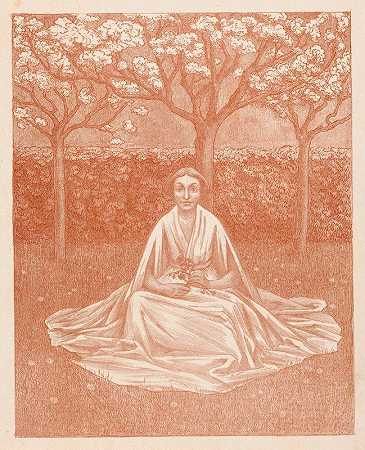 穿着裙子的女人坐在草地上`Vrouw met jurk zittend in grasveld (1915) by Simon Moulijn