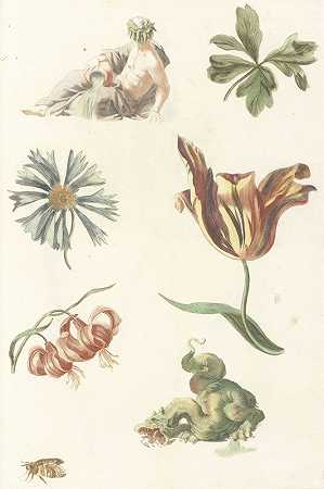 河神，一条龙和四朵花`Riviergod, een draak en vier bloemen (1688)
