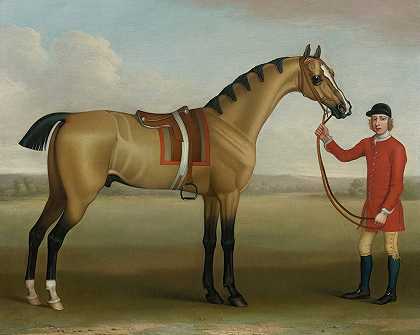 卡托，一匹海湾赛马，和一位新郎在风景区`Cato, A Bay Racehorse, With A Groom In A Landscape (1750) by James Seymour