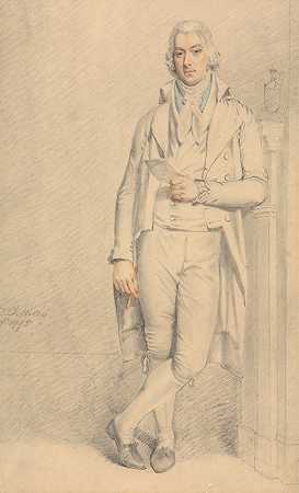 一位身躯完整的绅士，手里拿着一张纸和一支铅笔`A Gentleman, full length, Holding a Paper and Pencil (1795) by Samuel de Wilde