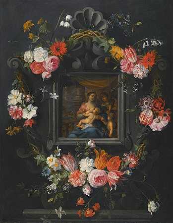 围绕着圣母和孩子的花环`A Garland Of Flowers Surrounding The Virgin And Child by Jan Brueghel the Younger