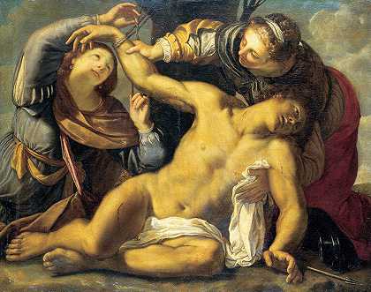 圣塞巴斯蒂安正在被治愈`Saint Sebastian Being Cured by Saint Irene and a Servant (ca. 1605 – 1610) by Saint Irene and a Servant by Carracci School
