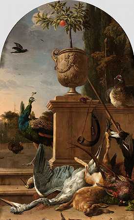 露台上猎人的包`A Hunter’s Bag on a Terrace (c. 1678) by Melchior d&;Hondecoeter