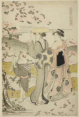小野小町参观清水寺，来自时尚的七个小町（Furyu nana Komachi）`Ono no Komachi Visiting Kiyomizu Temple, from the series The Fashionable Seven Komachi (Furyu nana Komachi) (1788) by Chōbunsai Eishi