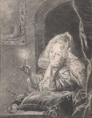 一位年轻女子坐在桌子旁，手里拿着蜡烛`Young Woman Seated at a Table, Holding a Candle late (17th century) by Godfried Schalcken
