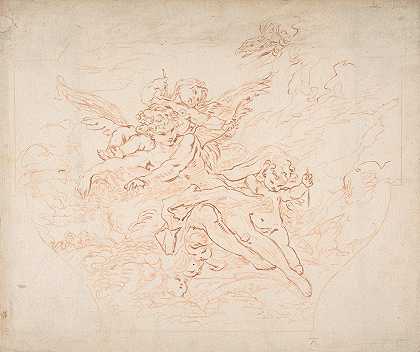 Boucher图纸后蚀刻天花板的准备图纸`Preparatory Drawing of a Ceiling for Etching after Boucher Drawing (mid~18th century) by Jean Charles François