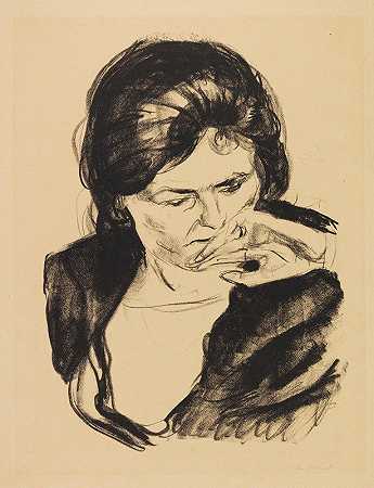 手放在嘴上的女人的头`Frauenkopf mit der Hand am Mund (1920) by Edvard Munch