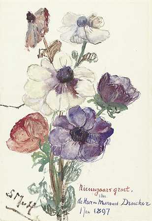 用海葵祝福新年`Nieuwjaarsgroet met anemonen (1896 ~ 1897) by Sientje Mesdag Van Houten