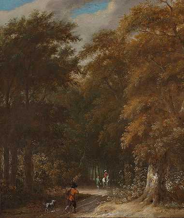 一个旅行者和骑着白马的骑手的森林景观`A forest landscape with a traveller and a rider on a white horse by Roelof Jansz. van Vries