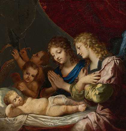 崇拜沉睡的基督的天使`Angels Adoring The Sleeping Christ by Jacques Stella